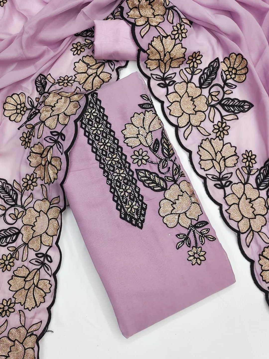 Peachmode Lavender Floral Embroidered Georgette Dress Material - Image 5