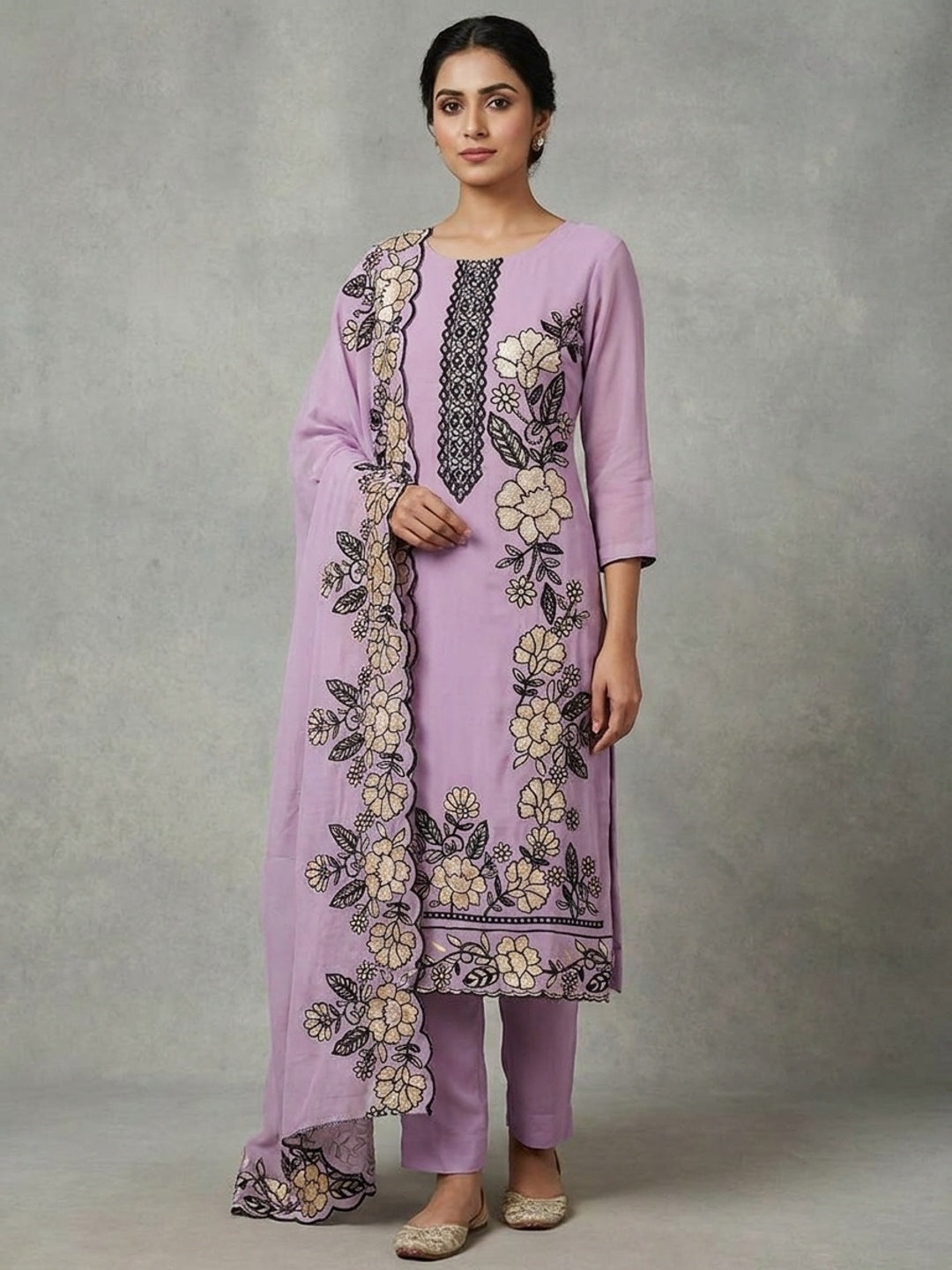 Peachmode Lavender Floral Embroidered Georgette Dress Material - Image 2