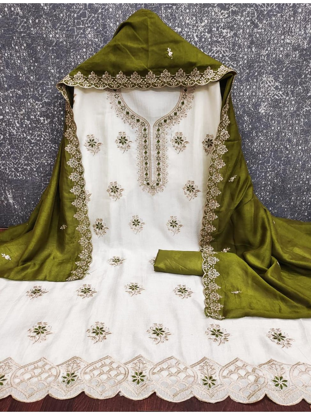 Peachmode White & Olive Embroidered Vichitra Silk Dress Material - Image 3