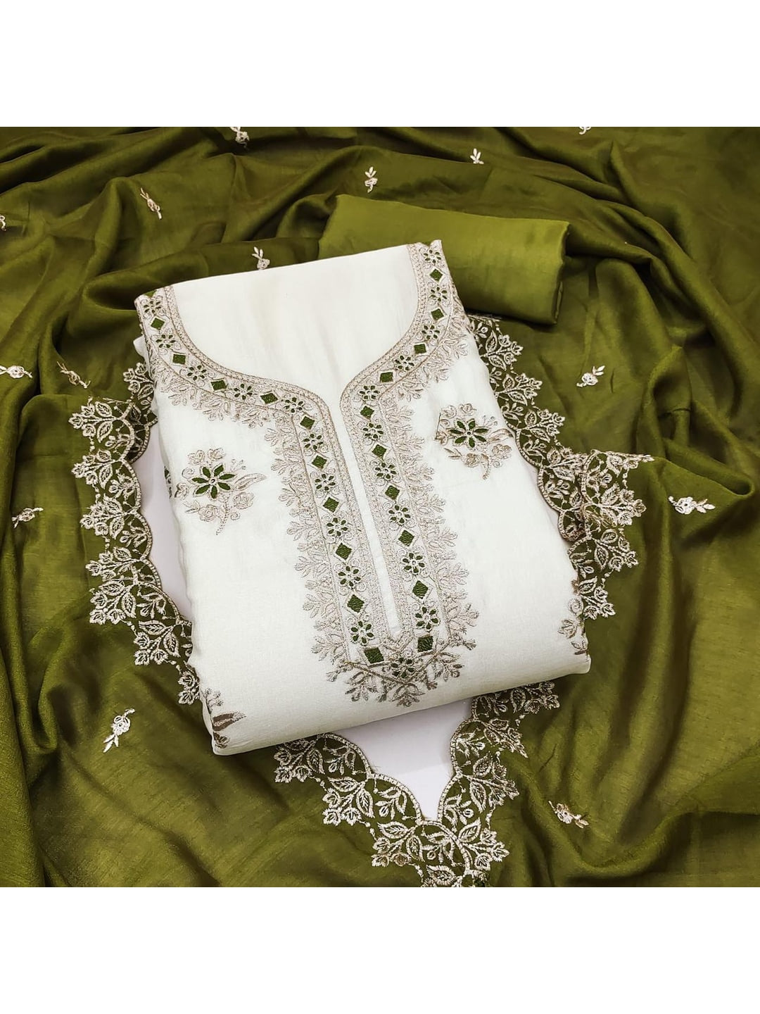 Peachmode White & Olive Embroidered Vichitra Silk Dress Material - Image 4