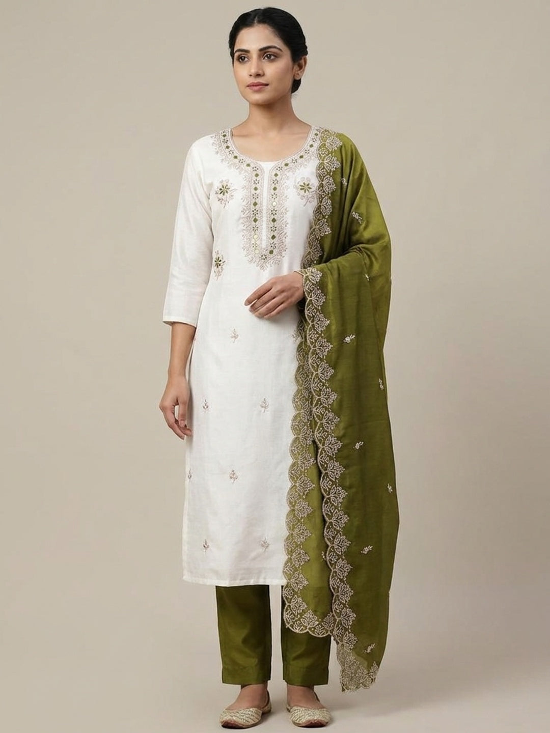 Peachmode White & Olive Embroidered Vichitra Silk Dress Material - Image 2