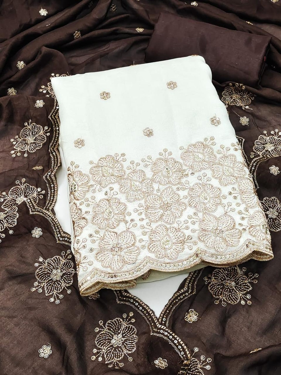 Peachmode White & Brown Embroidered Vichitra Silk Dress Material - Image 1
