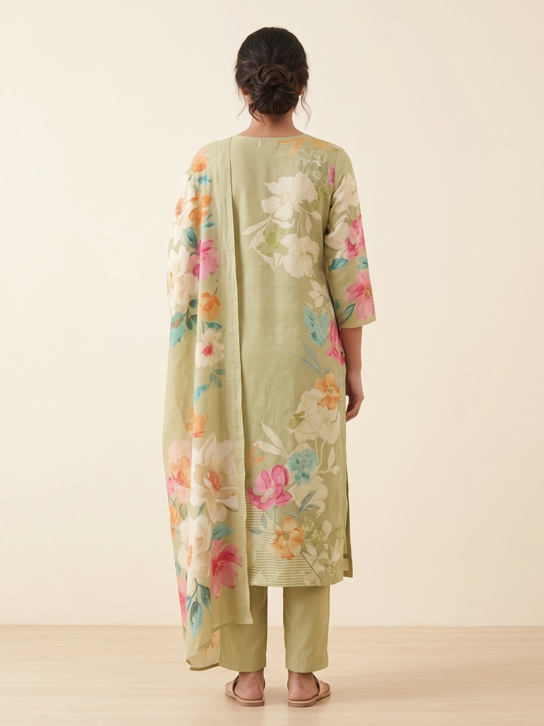 Peachmode Olive Floral Print Cotton Linen Salwar Suit with Dupatta - Image 2