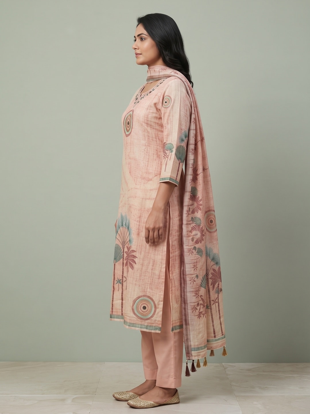 Peachmode Peach Palm Print Cotton Linen Salwar Suit with Dupatta - Image 3