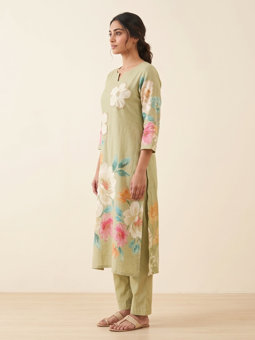 Peachmode Olive Floral Print Cotton Linen Salwar Suit with Dupatta - Image 3