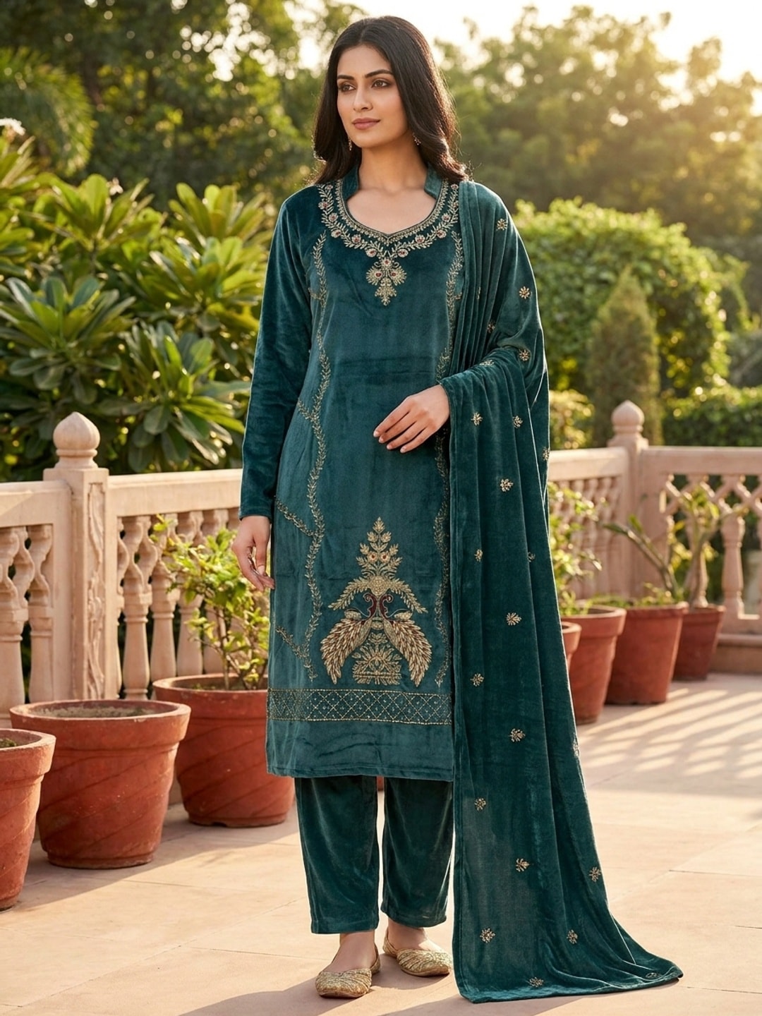 Peachmode Teal Embroidered Velvet Salwar Suit with Dupatta - Image 1