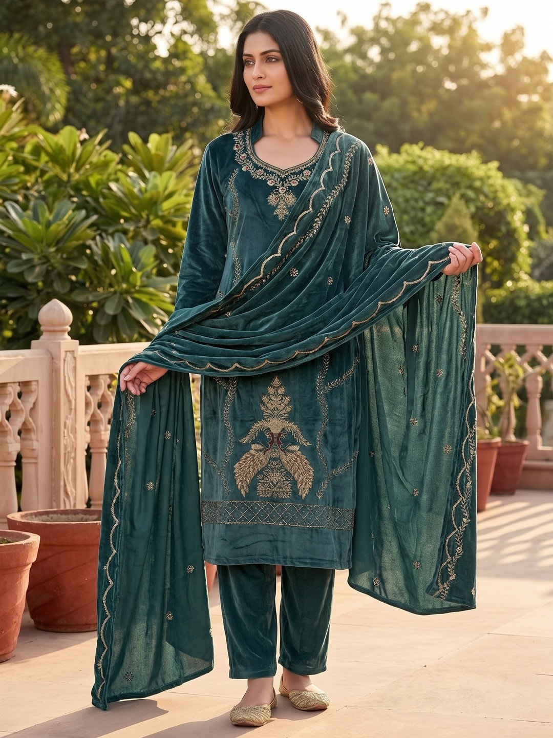 Peachmode Teal Embroidered Velvet Salwar Suit with Dupatta - Image 2