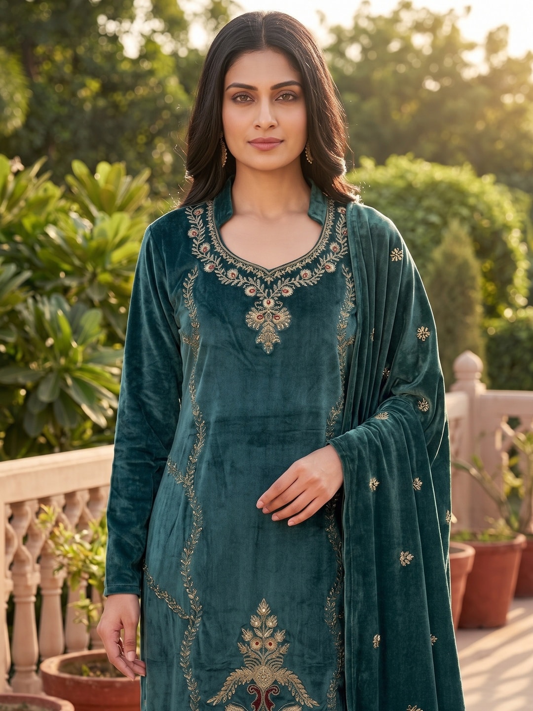 Peachmode Teal Embroidered Velvet Salwar Suit with Dupatta - Image 5