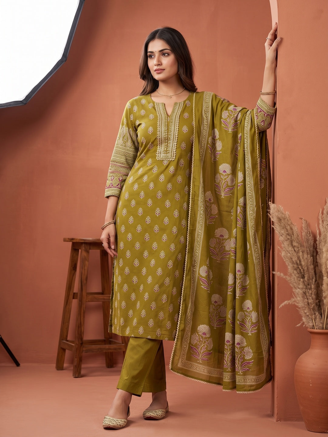 Graceful Green Floral Pure Cotton Straight Fit Salwar Suit for Effortless Ethnic Style - Image 1