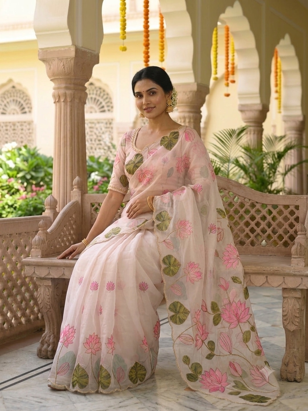 Peachmode Ivory Floral Printed Silk Blend Saree With Handwork - Image 2