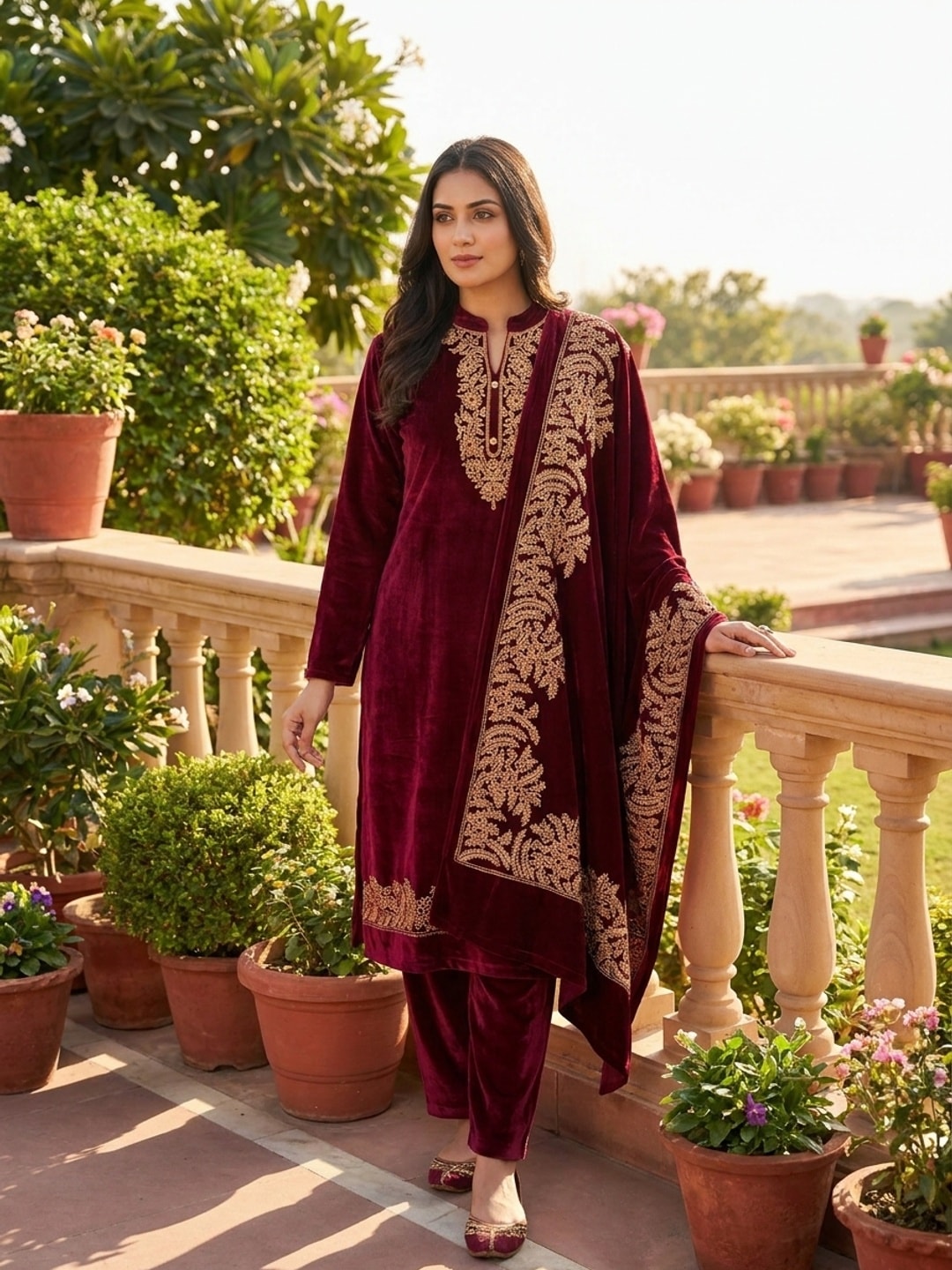Peachmode Maroon Gold Embroidered Velvet Salwar Suit with Dupatta - Image 1