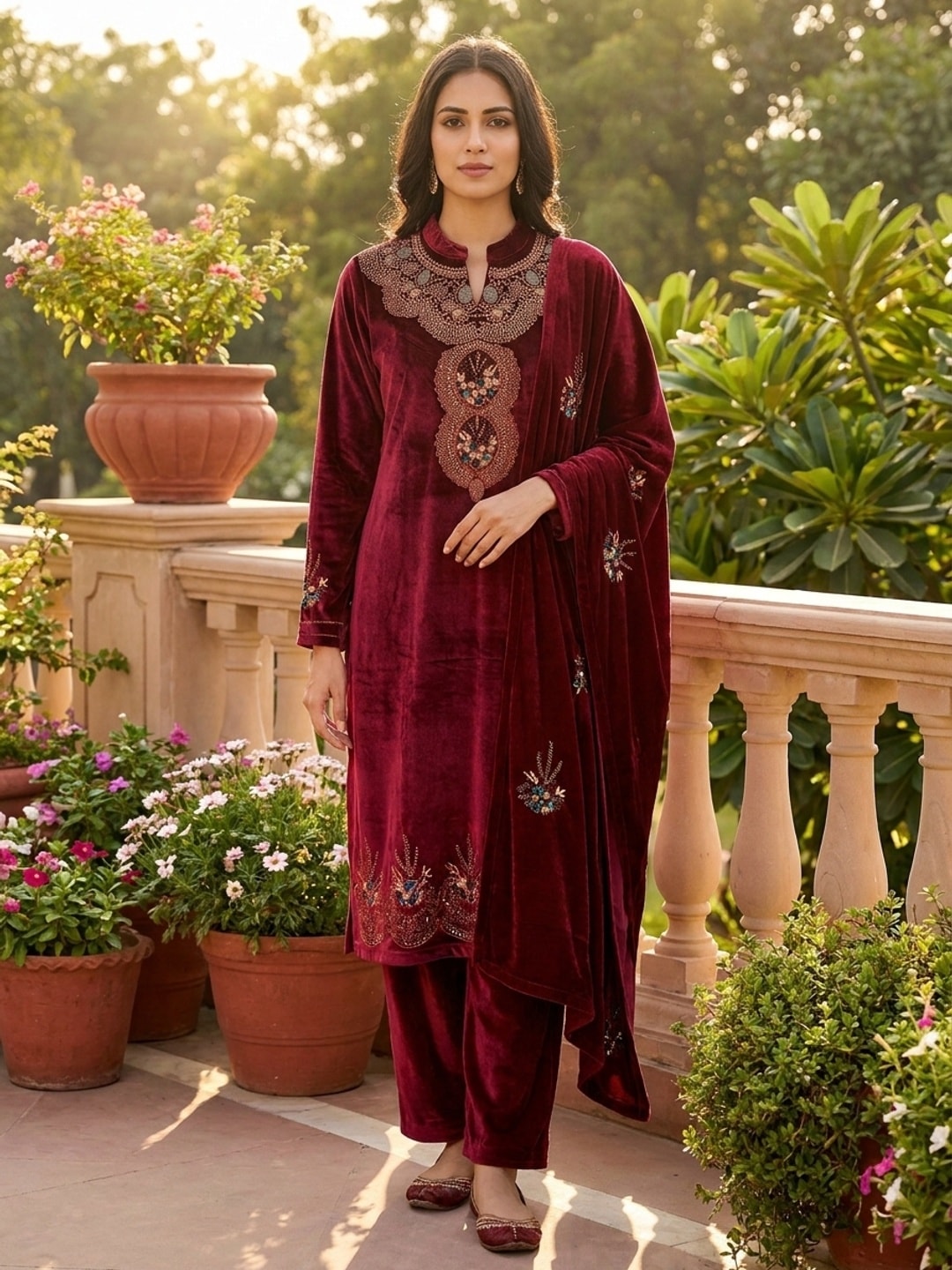 Peachmode Maroon Beaded Embroidered Velvet Salwar Suit with Dupatta - Image 1