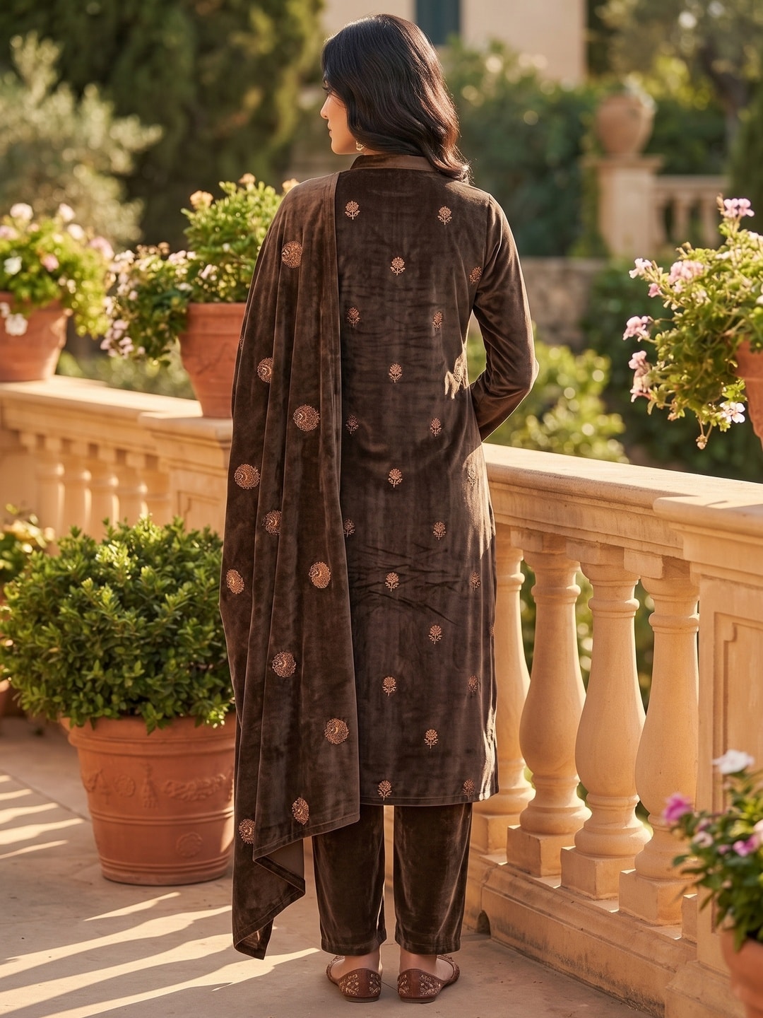 Peachmode Brown Embroidered Velvet Salwar Suit with Dupatta - Image 4