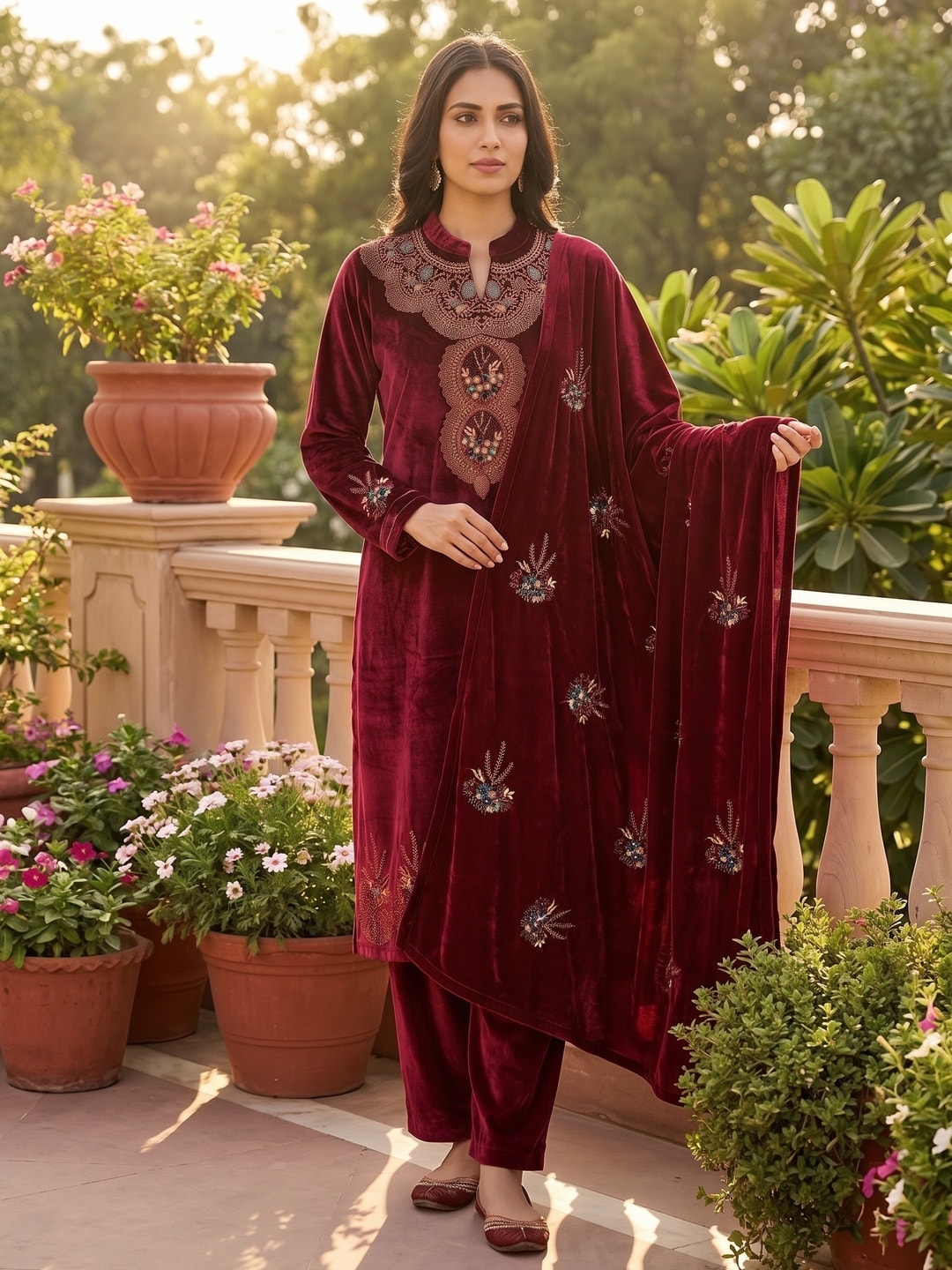 Peachmode Maroon Beaded Embroidered Velvet Salwar Suit with Dupatta - Image 2