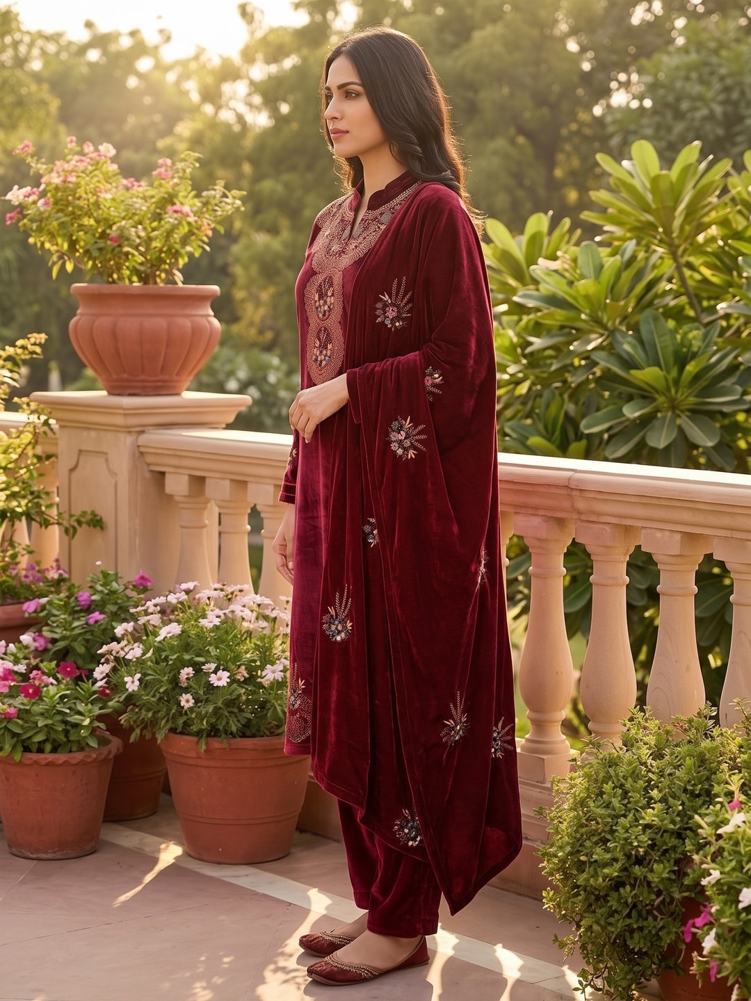 Peachmode Maroon Beaded Embroidered Velvet Salwar Suit with Dupatta - Image 3