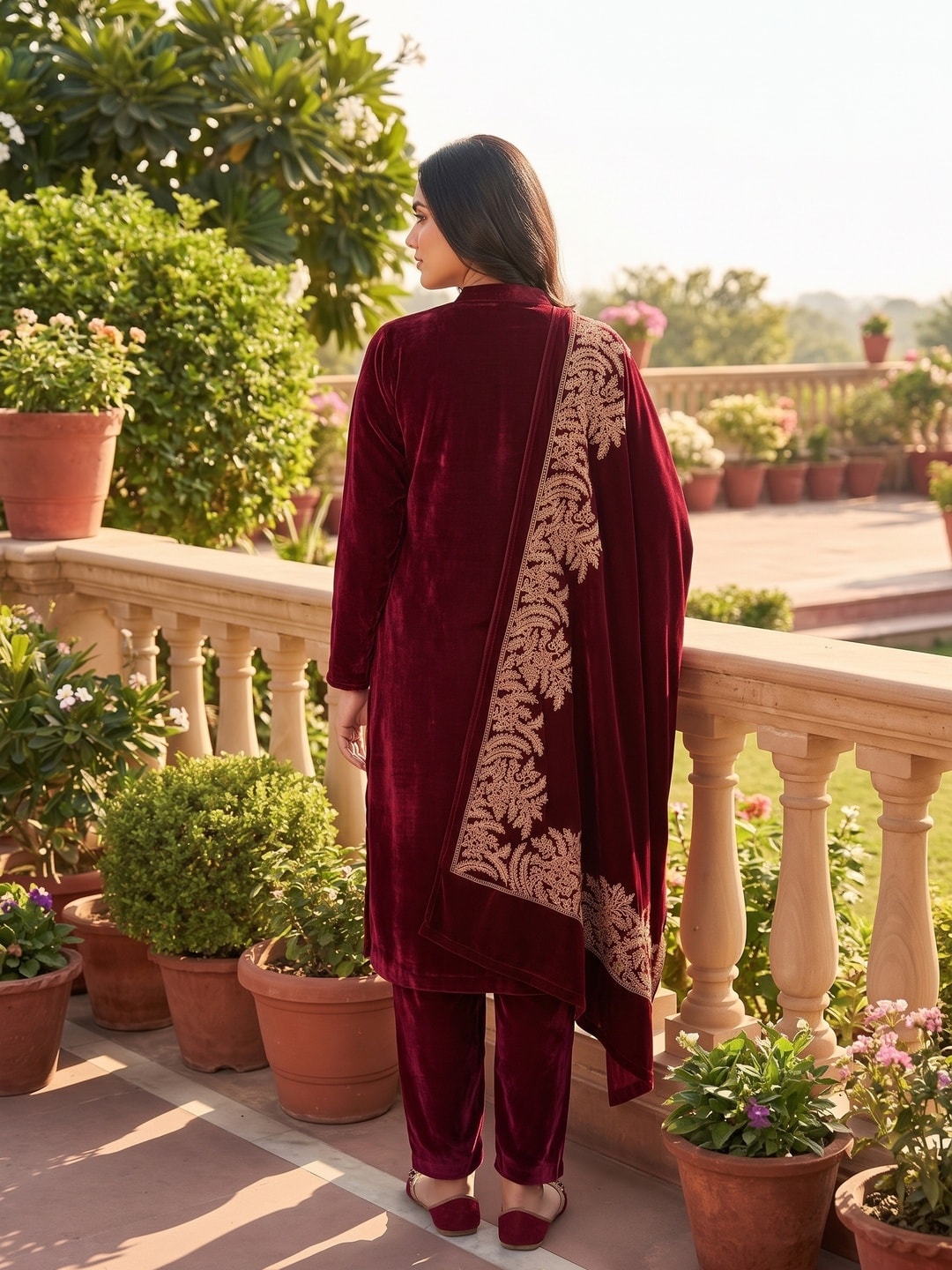 Peachmode Maroon Gold Embroidered Velvet Salwar Suit with Dupatta - Image 4