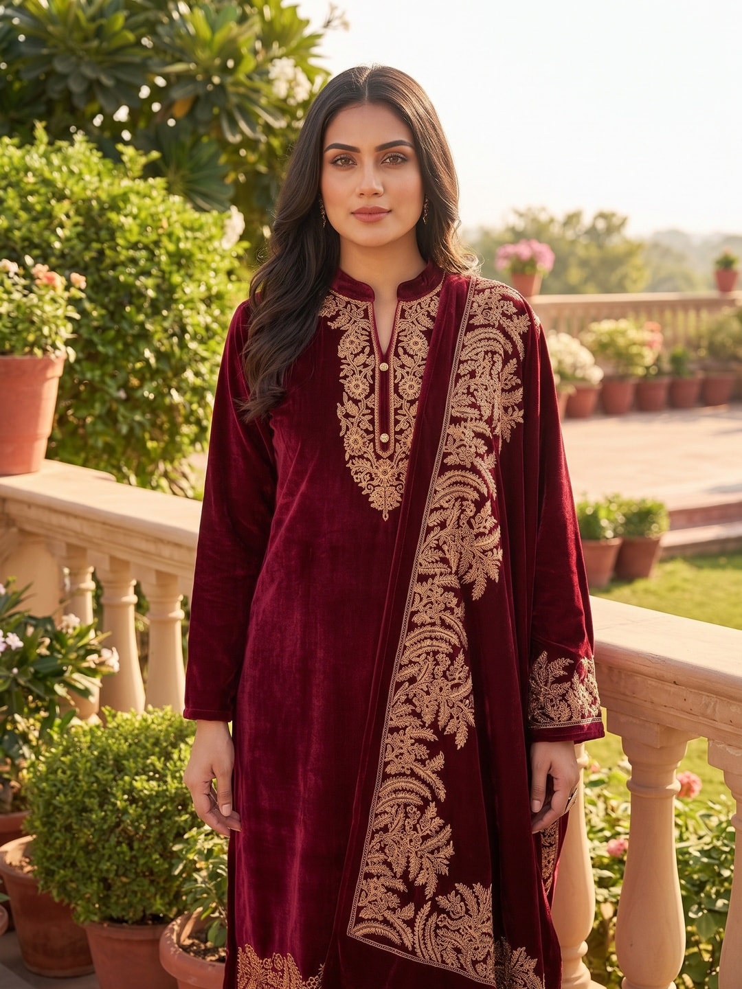 Peachmode Maroon Gold Embroidered Velvet Salwar Suit with Dupatta - Image 5