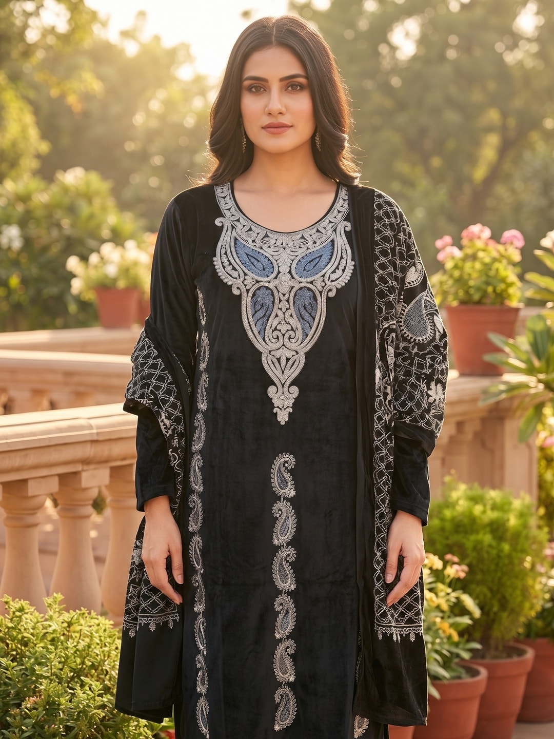 Peachmode Black Paisley Embroidered Velvet Salwar Suit with Dupatta - Image 5