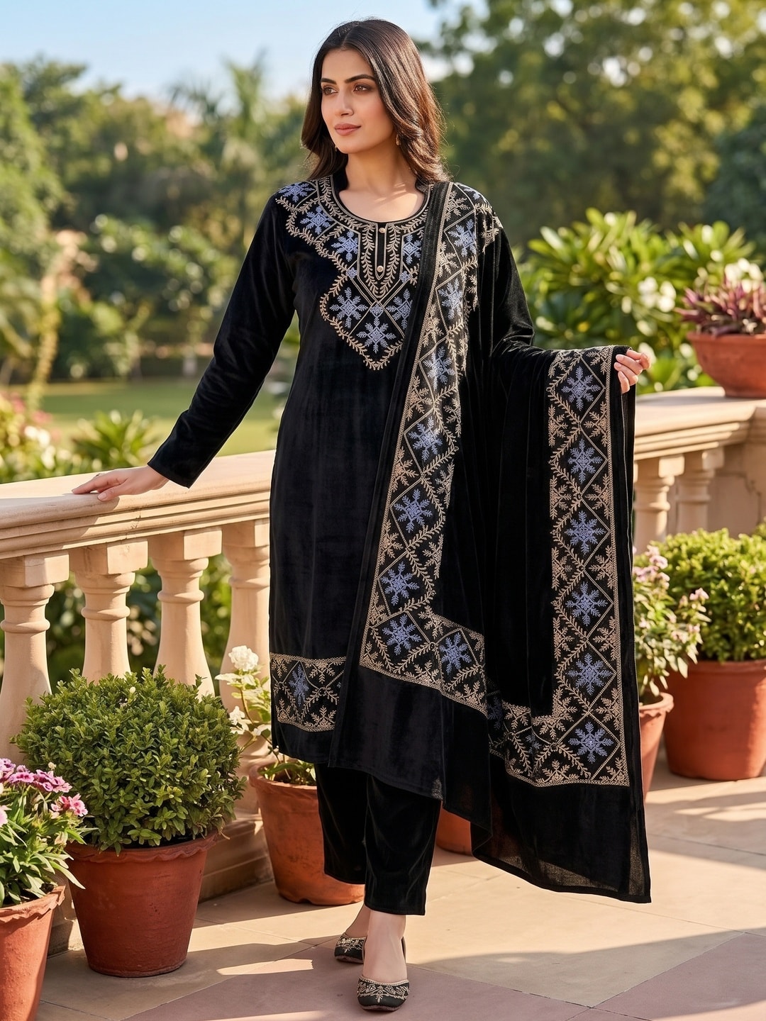 Peachmode Black Snowflake Embroidered Velvet Salwar Suit with Dupatta - Image 2