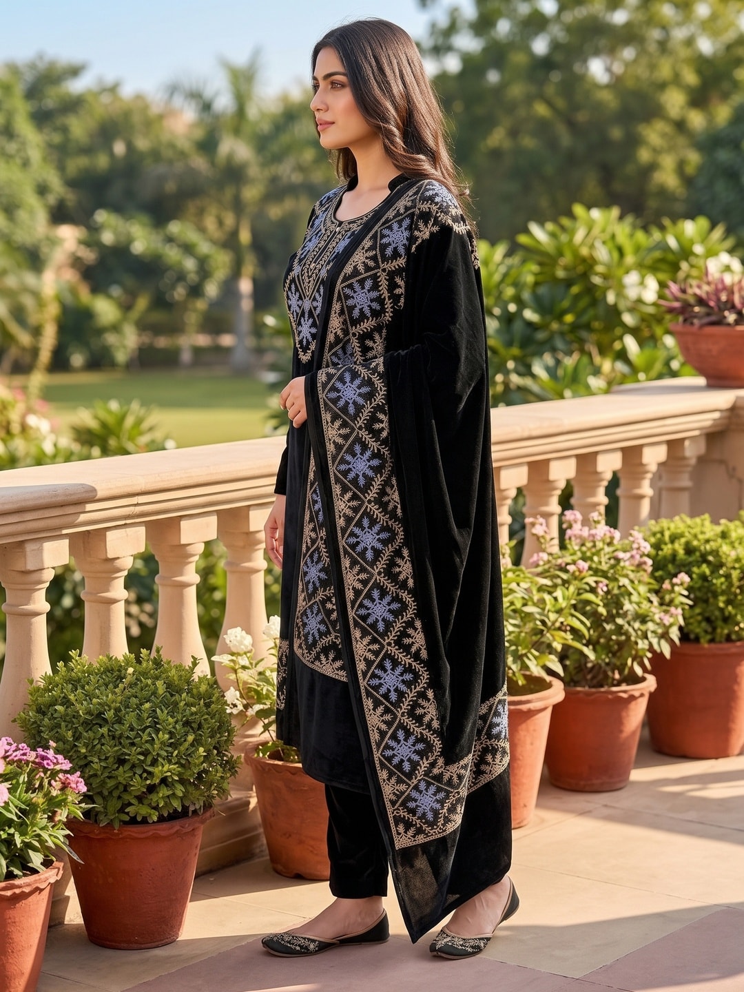 Peachmode Black Snowflake Embroidered Velvet Salwar Suit with Dupatta - Image 3