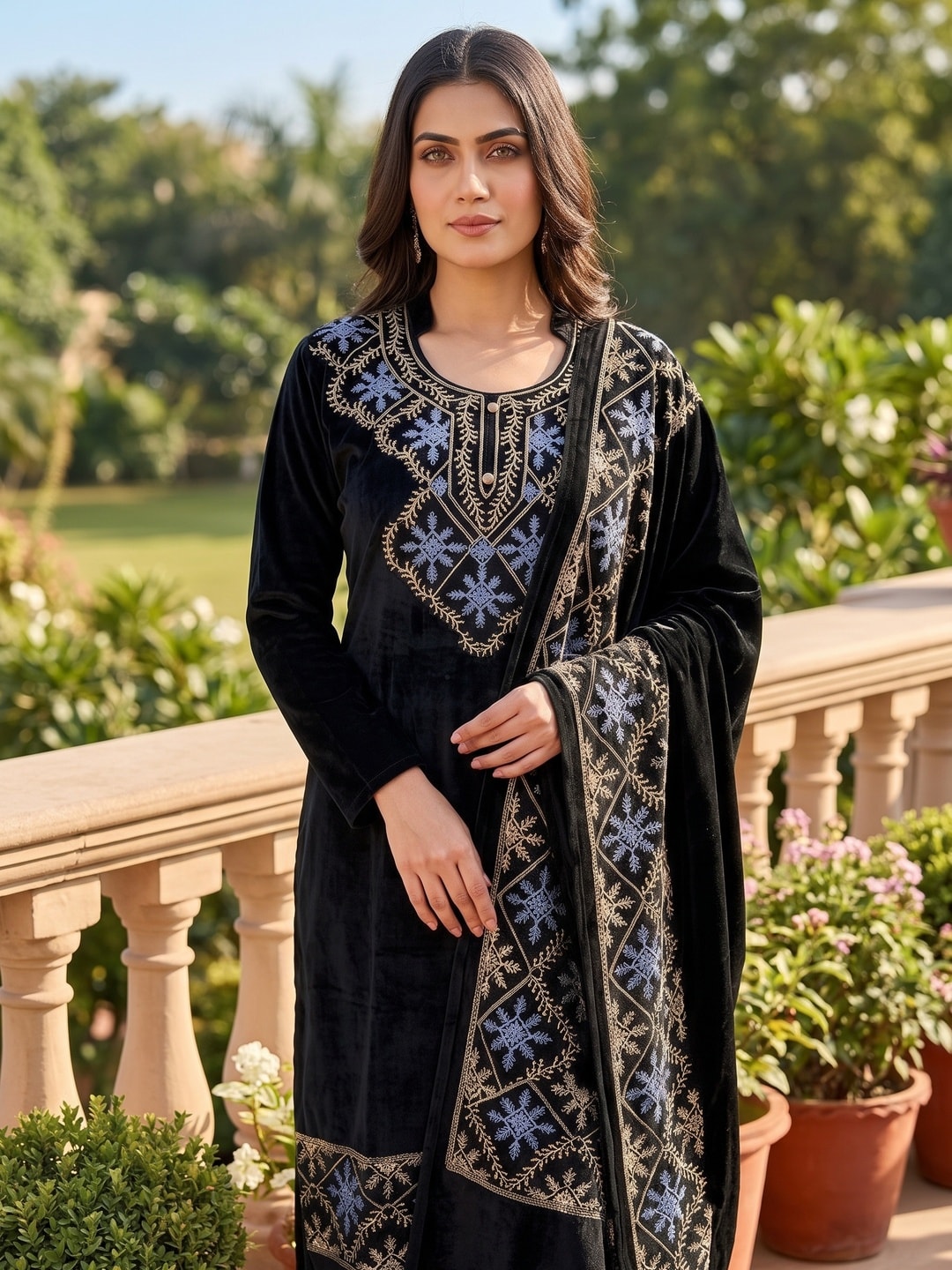 Peachmode Black Snowflake Embroidered Velvet Salwar Suit with Dupatta - Image 5