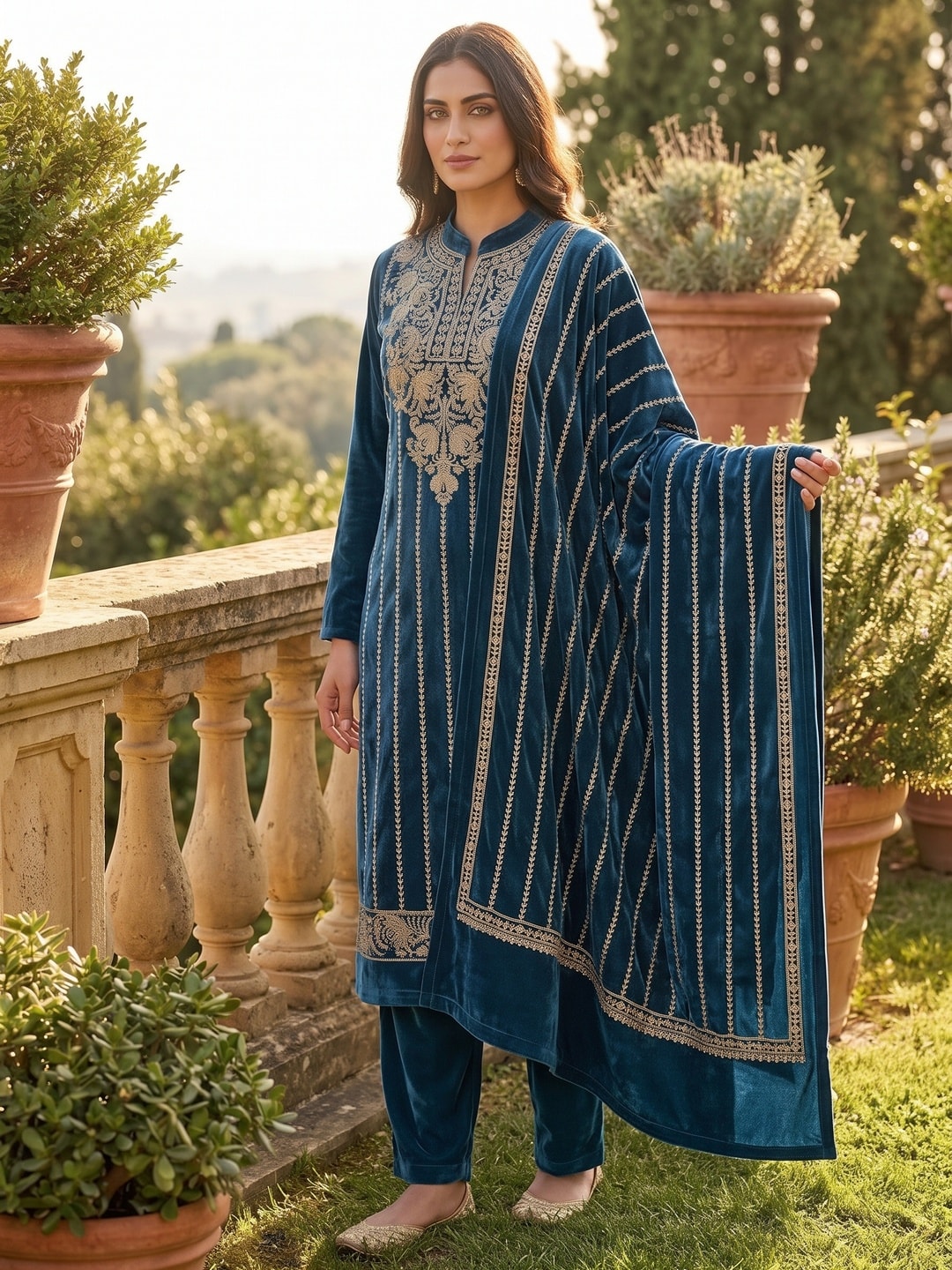 Peachmode Blue Gold Embroidered Velvet Salwar Suit with Dupatta - Image 2
