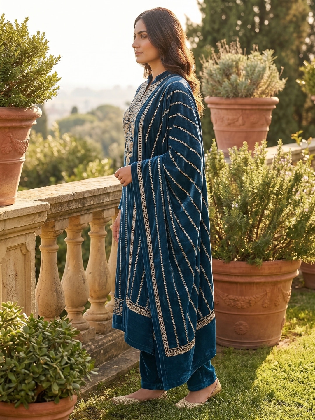 Peachmode Blue Gold Embroidered Velvet Salwar Suit with Dupatta - Image 3