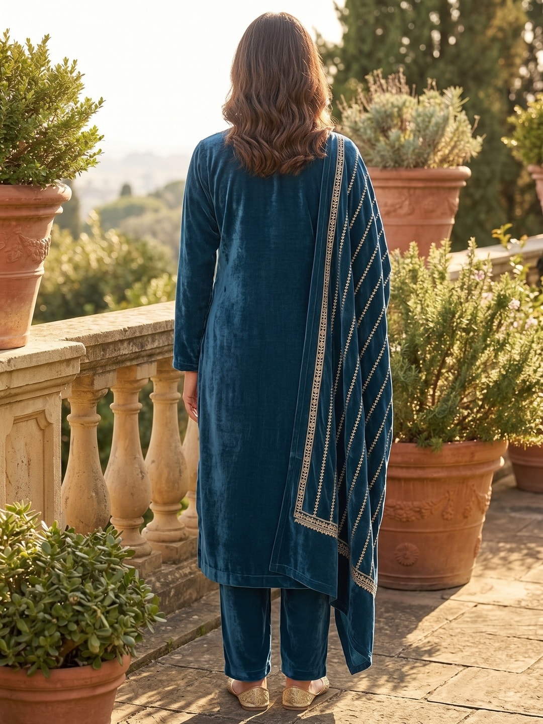 Peachmode Blue Gold Embroidered Velvet Salwar Suit with Dupatta - Image 4