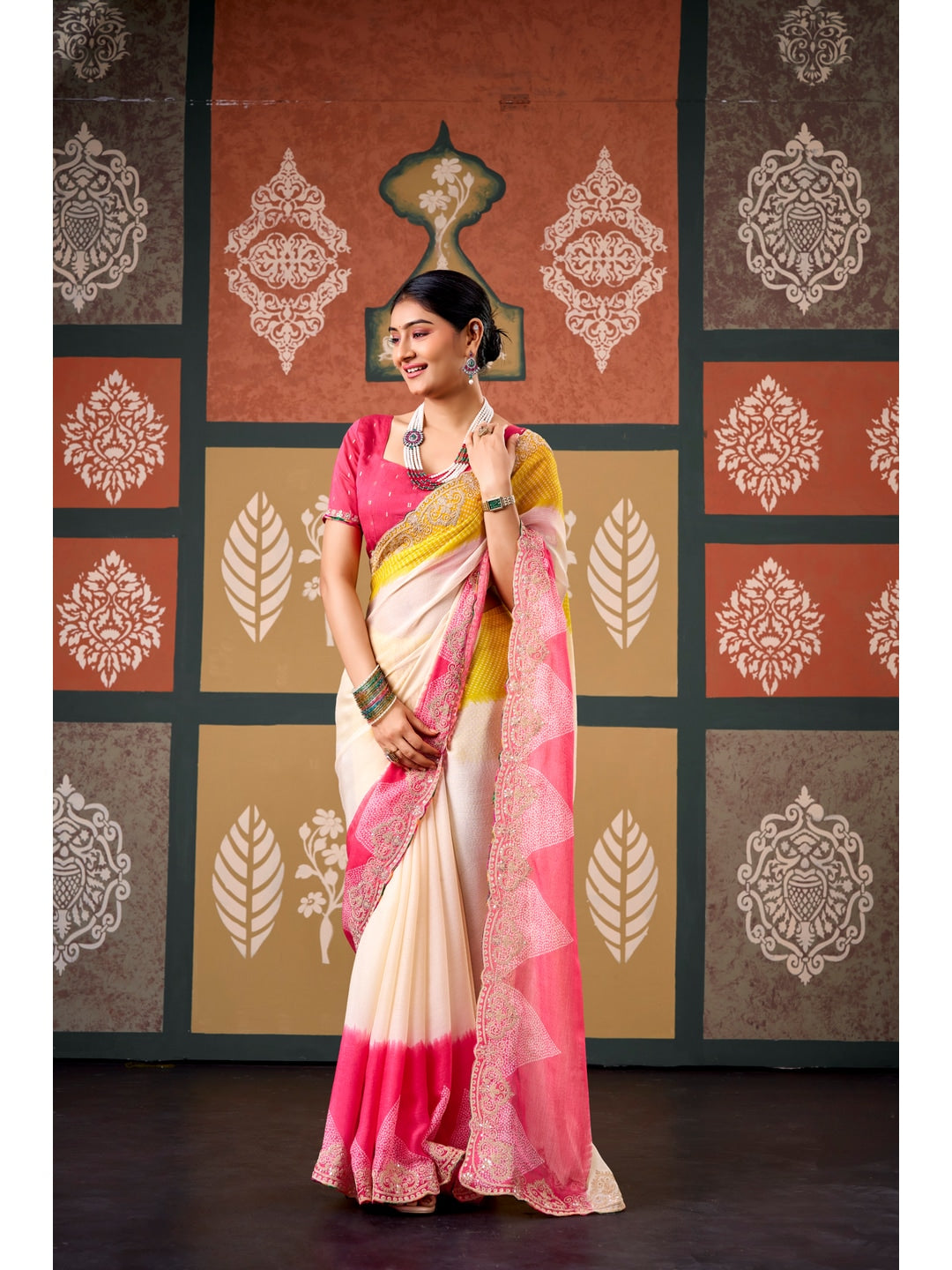 Peachmode Multicolor Ombre Bandhani Printed Chiffon Saree With Embroidered Border - Image 1