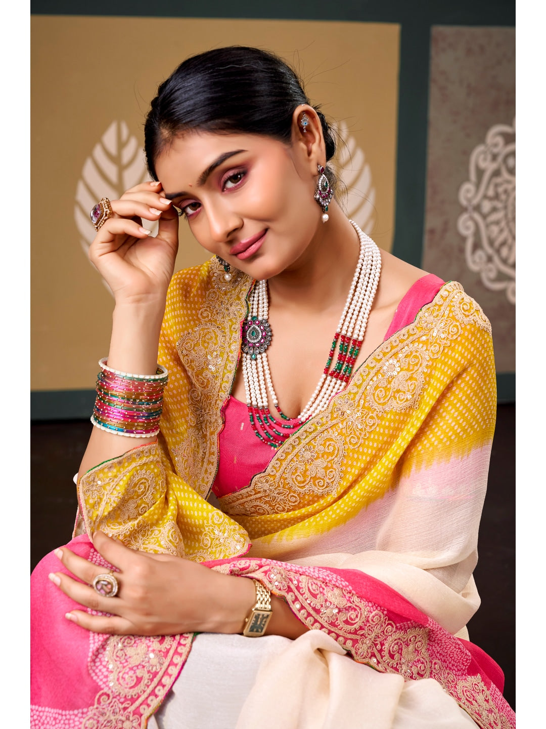 Peachmode Multicolor Ombre Bandhani Printed Chiffon Saree With Embroidered Border - Image 4