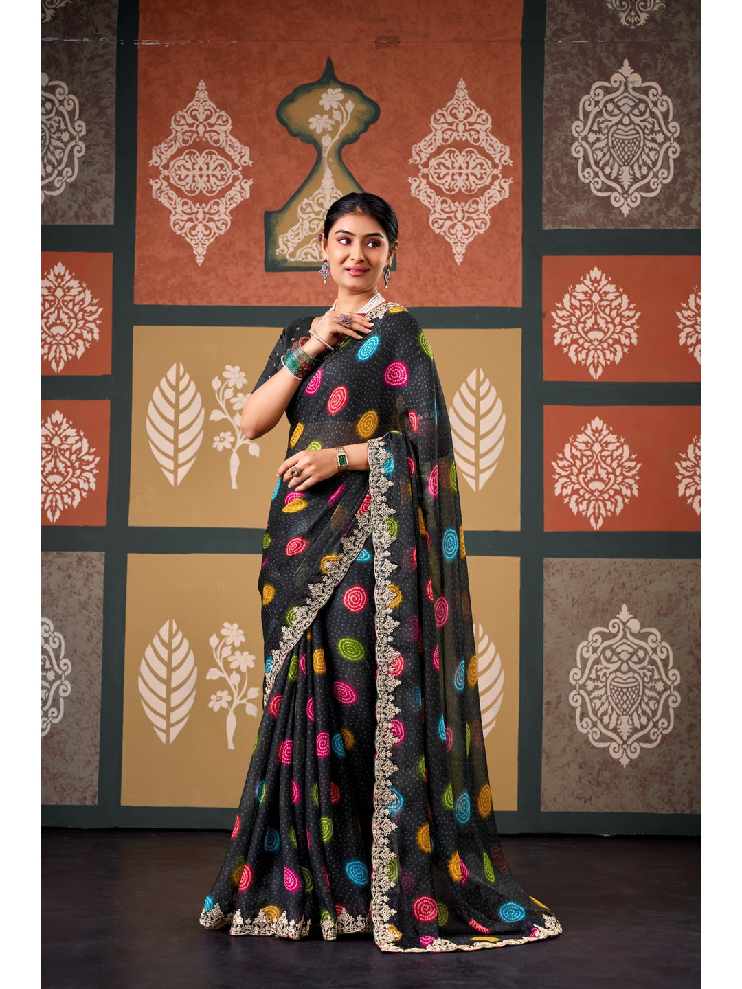 Peachmode Black Polka Printed Chiffon Saree With Embroidered Border - Image 1
