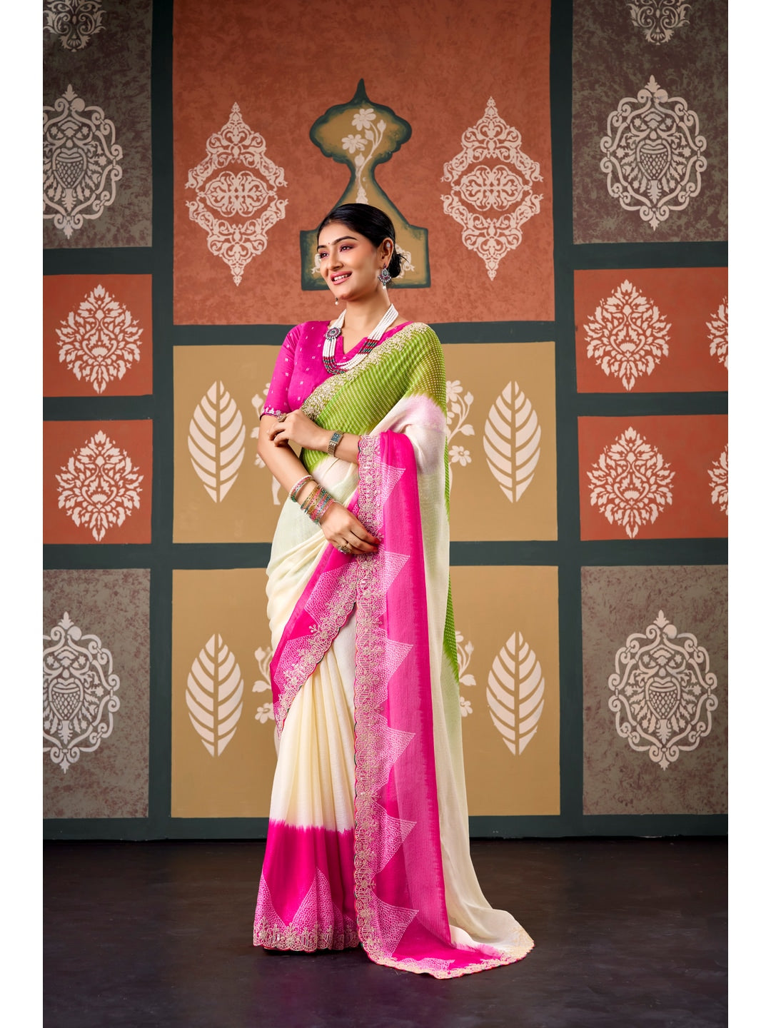 Peachmode Multicolor Ombre Bandhani Printed Chiffon Saree With Embroidered Border - Image 1