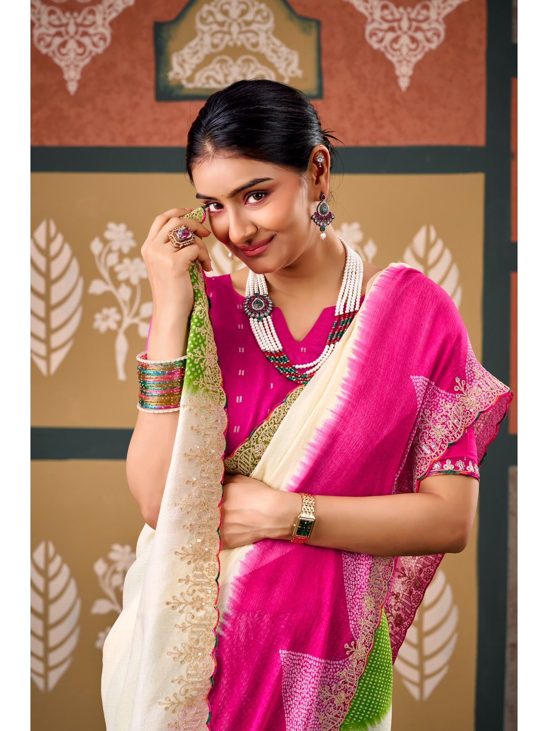 Peachmode Multicolor Ombre Bandhani Printed Chiffon Saree With Embroidered Border - Image 4