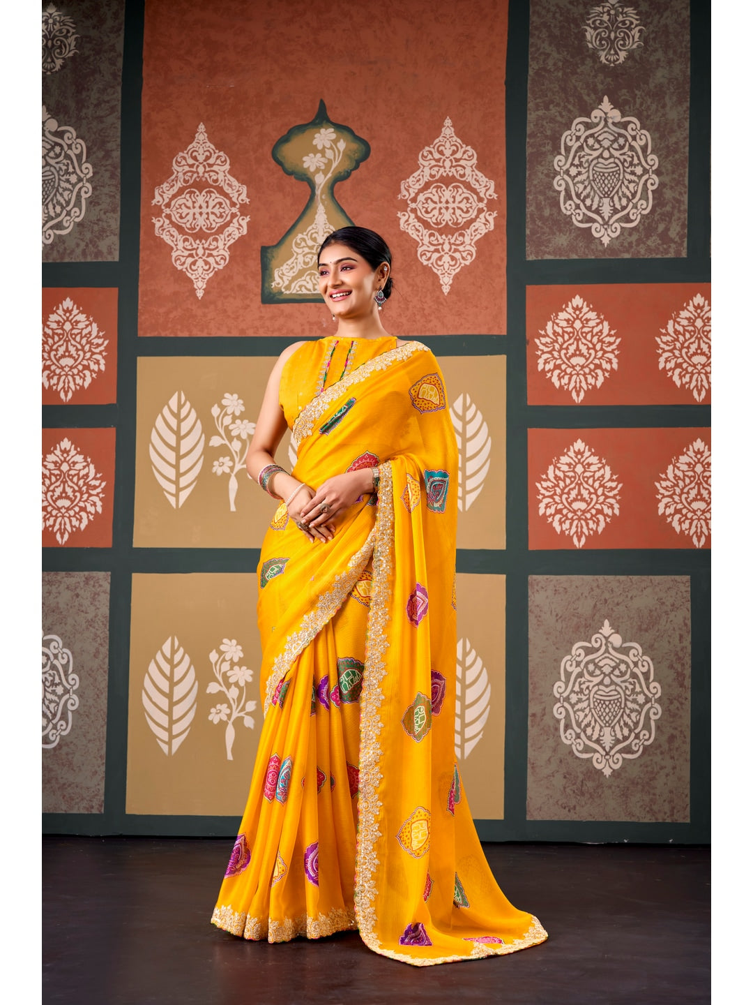 Peachmode Yellow Bandhani Printed Chiffon Saree With Embroidered Border - Image 1