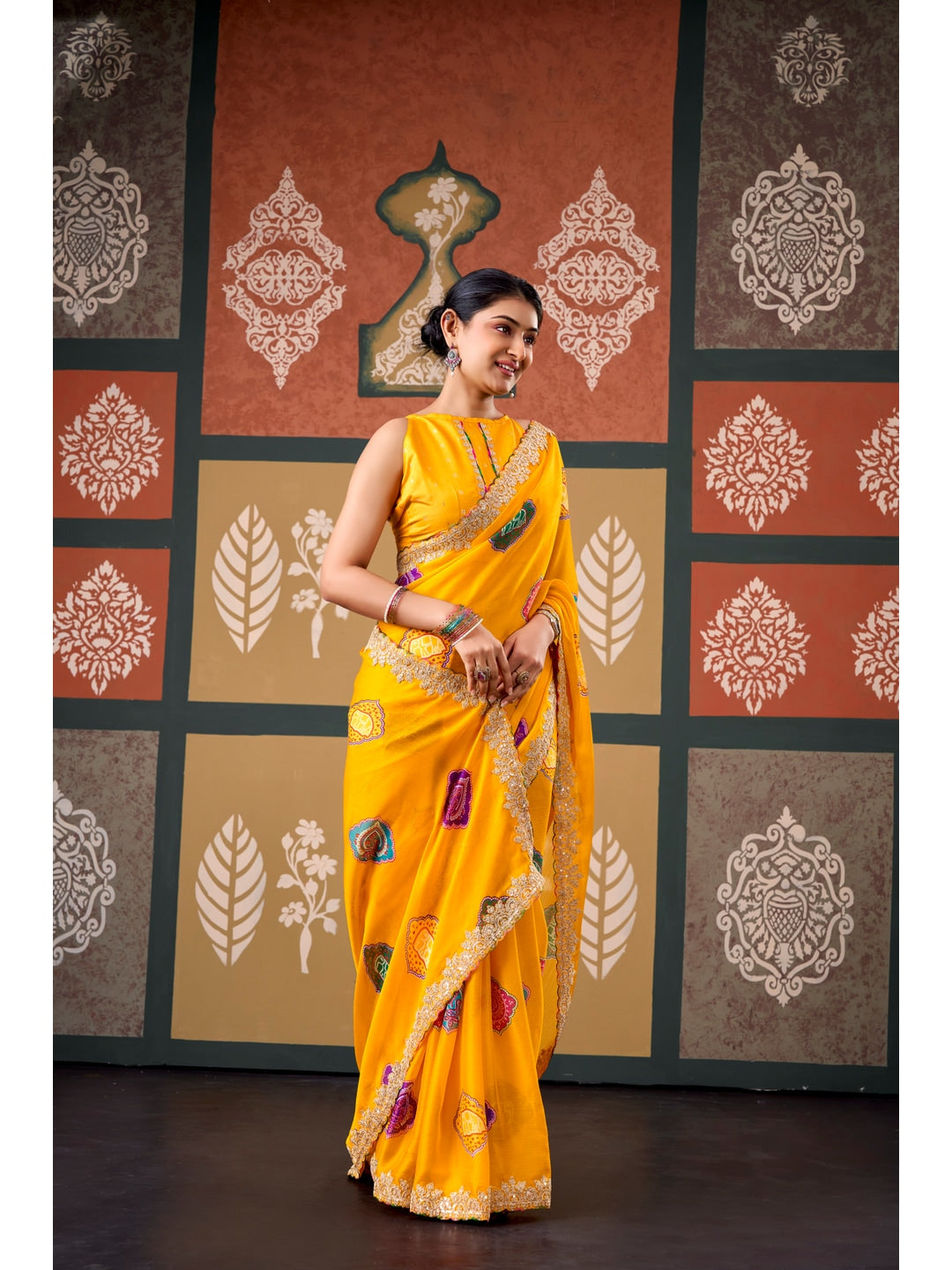 Peachmode Yellow Bandhani Printed Chiffon Saree With Embroidered Border - Image 2
