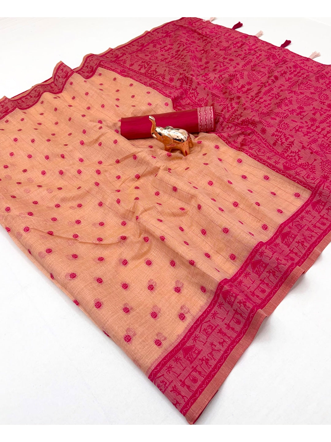 Peachmode Peach Tussar Cotton Silk Saree with Warli - Image 5