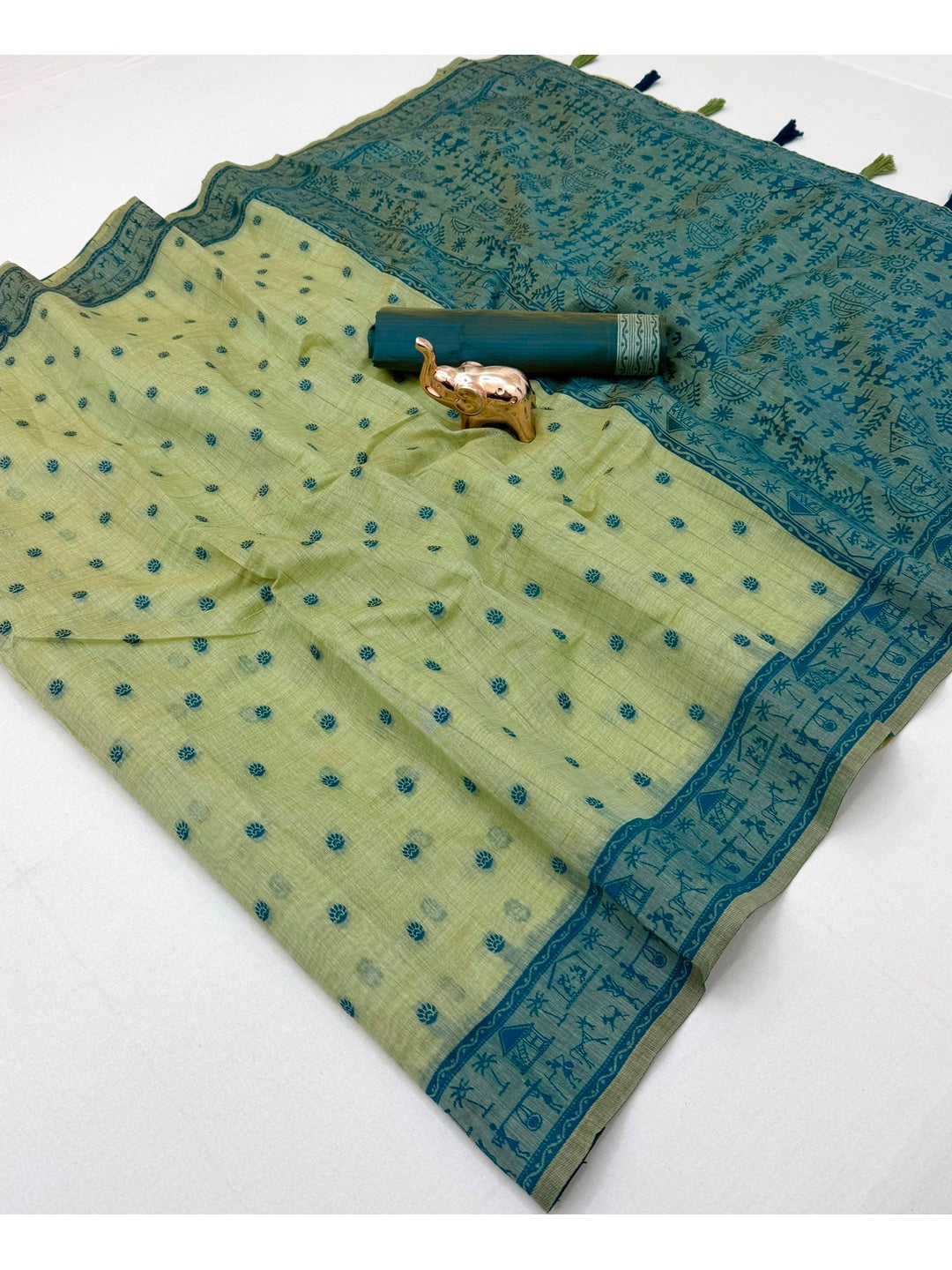 Peachmode Sage Green Tussar Cotton Silk Saree with Warli - Image 4