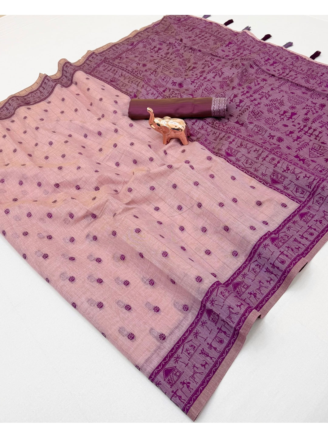 Peachmode Lavender Tussar Cotton Silk Saree with Warli - Image 4