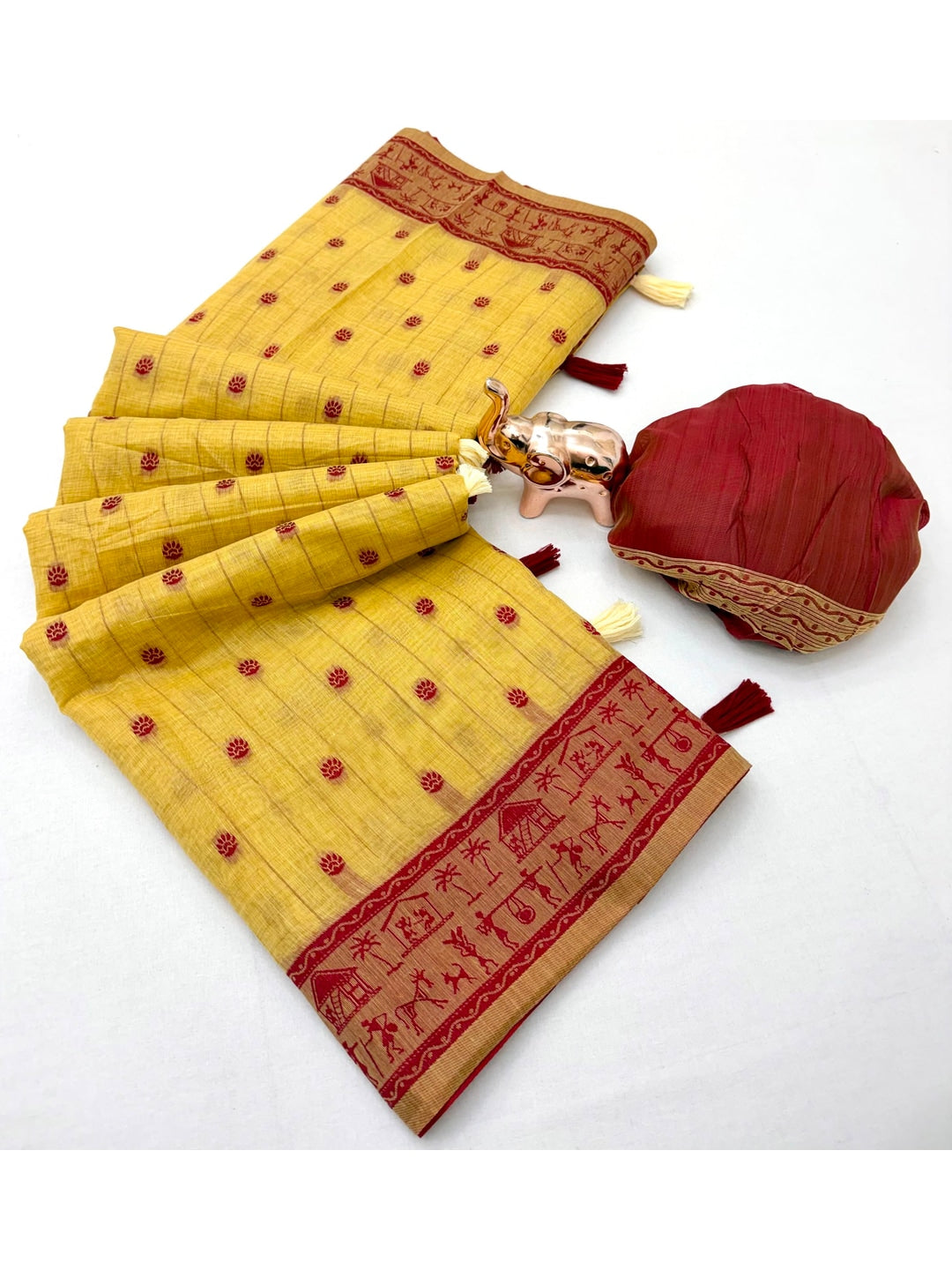 Peachmode Yellow Tussar Cotton Silk Saree with Warli - Image 4