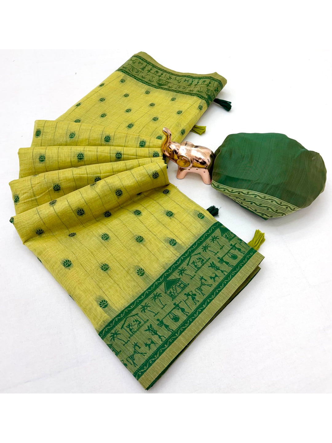Peachmode Lime Green Tussar Cotton Silk Saree with Warli - Image 5