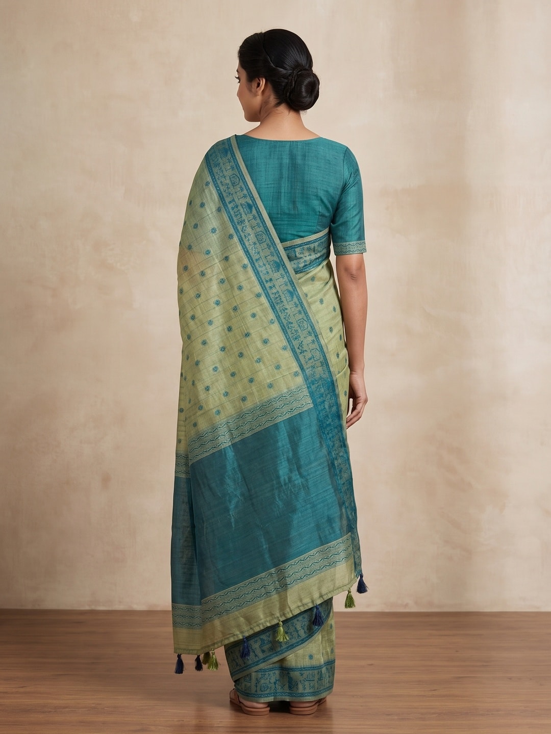 Peachmode Sage Green Tussar Cotton Silk Saree with Warli - Image 2