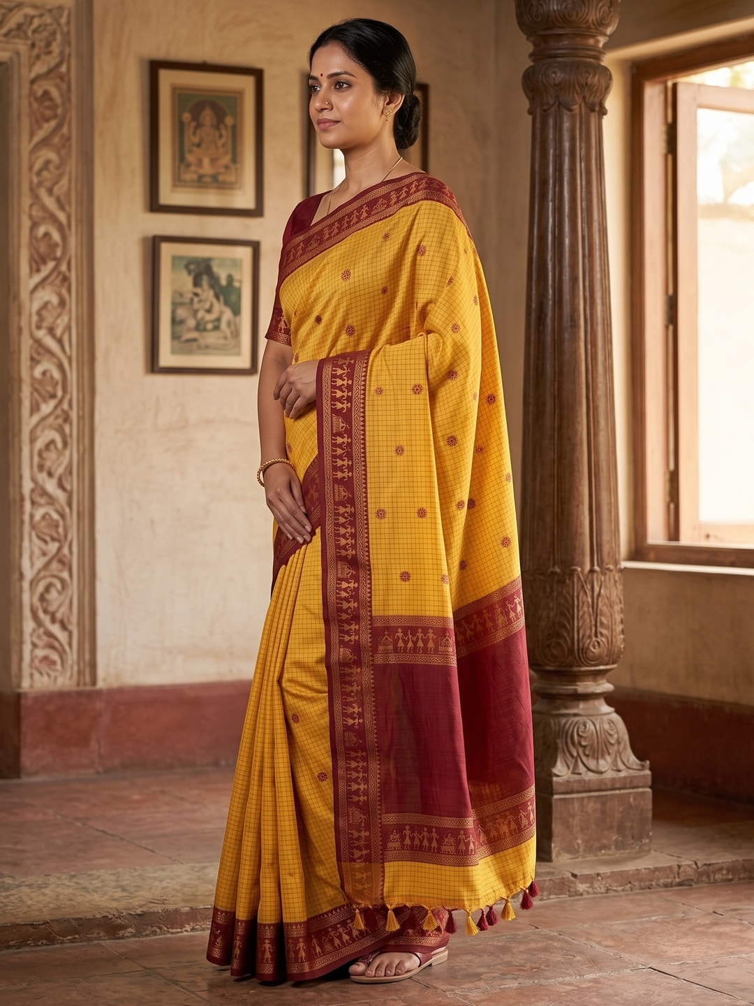 Peachmode Yellow Tussar Cotton Silk Saree with Warli - Image 3