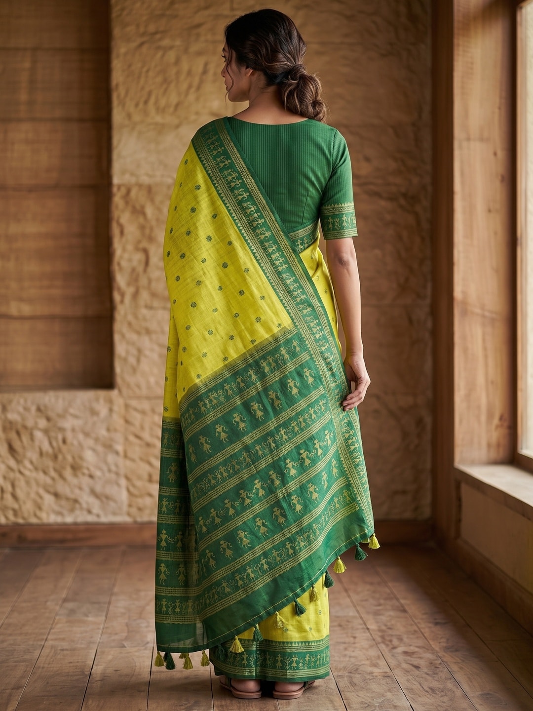 Peachmode Lime Green Tussar Cotton Silk Saree with Warli - Image 2