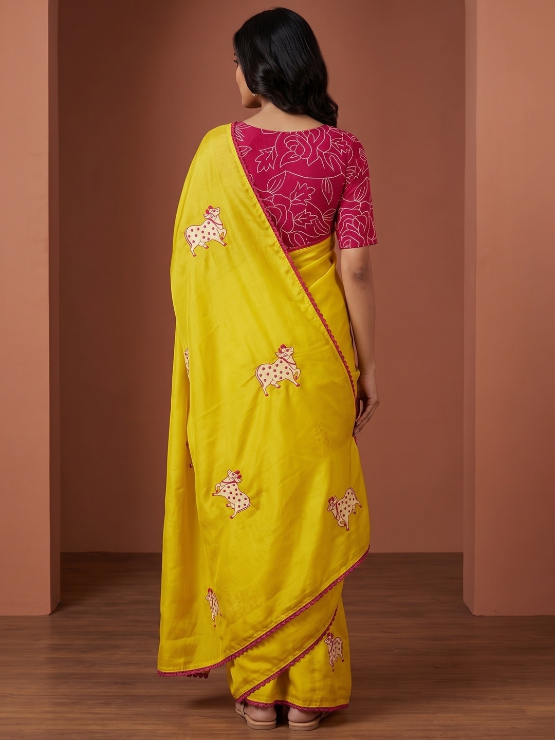 Peachmode Lemon Yellow Viscose Rangoli Saree With Kamdhenu Cow Embroidery - Image 2