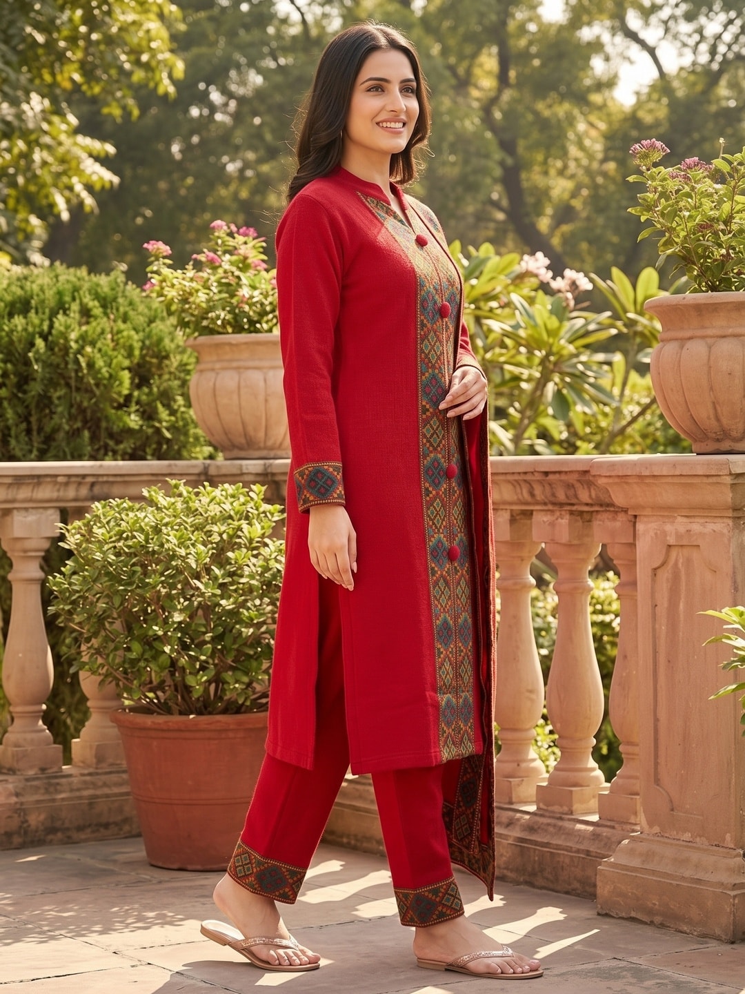 Peachmode Red Woolen Salwar Suit With Woven Border - Image 3