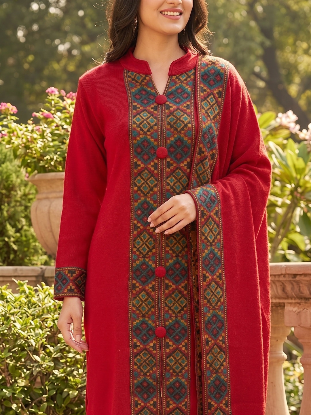 Peachmode Red Woolen Salwar Suit With Woven Border - Image 5