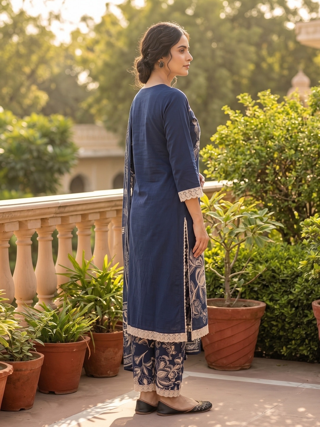 Peachmode Navy Blue Cotton Embroidered Salwar Suit - Image 3