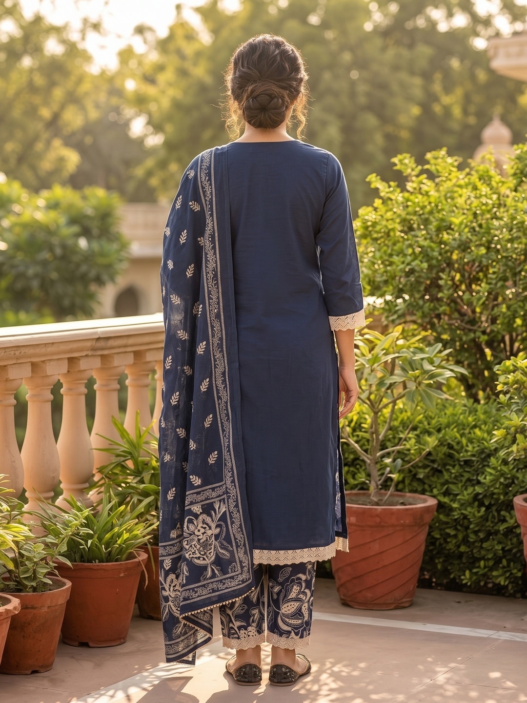 Peachmode Navy Blue Cotton Embroidered Salwar Suit - Image 4