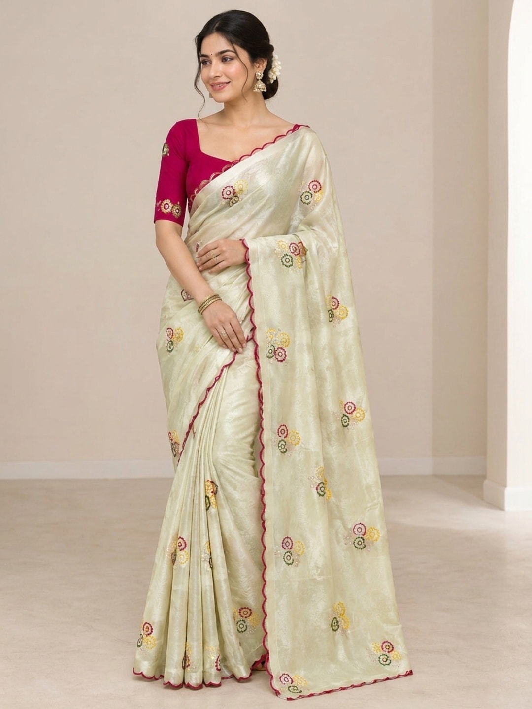 Peachmode Cream Floral Viscose Rangoli Saree With Sequin Embroidery - Image 1