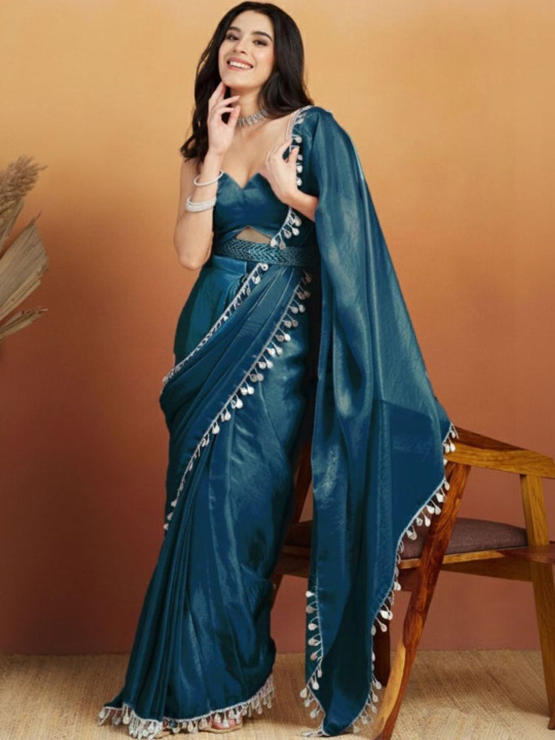 Peachmode Teal Solid Satin Saree with Elegant Gotta Patti Lace Border - Image 1